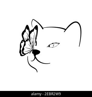 Dessin au trait vectoriel de chat ferme sur fond blanc. Portrait de chat avec un papillon sur son nez. Vecteur pour les logotypes, les métiers, les impressions. Illustration de Vecteur