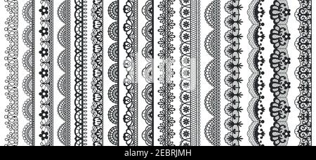Éléments en dentelle. Bordures en dentelle sans couture vintage, magnifique décoration en dentelle de mariage. Jeu d'illustrations vectorielles avec bordures en dentelle noire Illustration de Vecteur