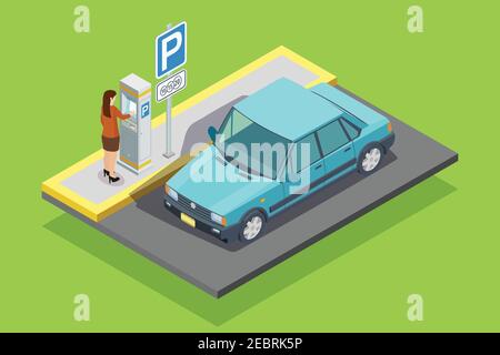 Gabarit isométrique de stationnement avec panneau routier pour voiture et femme payant placer une illustration vectorielle isolée Illustration de Vecteur