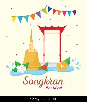 joyeux festival songkran avec cloches et guirlandes Illustration de Vecteur