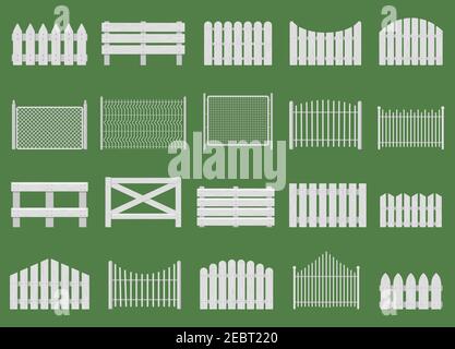 Clôtures blanches. Clôtures en bois, clôtures en bois de jardin ou de maison. Jeu d'illustrations vectorielles isolées de clôture blanche rurale Illustration de Vecteur