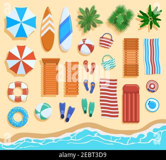 Vue de dessus des éléments de la plage. Éléments de plage de sable, palmiers tropicaux, chaises, parasols vue d'en haut. Illustration vectorielle des objets de la côte d'Ocean Beach Illustration de Vecteur