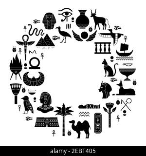 Symboles anciens égyptiens. Mythologie egypte les animaux sacrés, les dieux et les silhouettes de pyramide. Jeu d'illustrations vectorielles d'icônes égyptiennes anciennes Illustration de Vecteur
