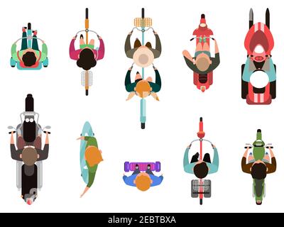 Vue du dessus des personnes sur les véhicules. Les hommes et les femmes qui font de la moto, du vélo, du scooter et du skate. Vue de dessus personnes conduisant des véhicules ensemble d'illustrations vectorielles Illustration de Vecteur