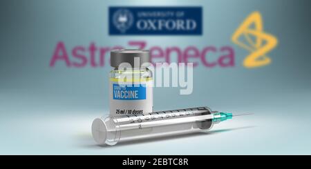 Vaccin Covid-19 et concept commercial : flacon et seringue de vaccin à coronavirus en 3D devant L'UNIVERSITÉ de défocus D'OXFORD et ASTRAZENECA Banque D'Images
