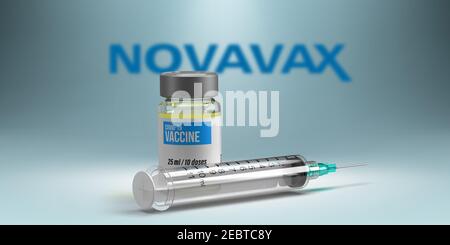Vaccin Covid-19 et concept d'entreprise : flacon et seringue de vaccin à coronavirus en 3D devant le logo de la société pharmaceutique NOVAVAX. Banque D'Images
