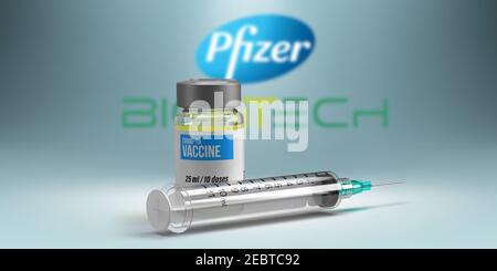 Vaccin Covid-19 et concept d'entreprise : flacon et seringue de vaccin à coronavirus en 3D devant le logo de la société pharmaceutique Pfizer et BIONTECH Banque D'Images