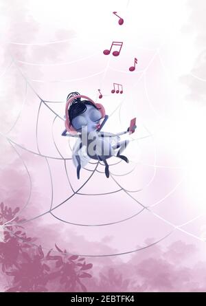 Un joli personnage de dessin animé Fly balançant dans un web dans un casque écoute la musique d'un smartphone sur le fond de feuillage d'arbre. Passe-temps et style de vie Banque D'Images