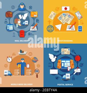 Compositions colorées de style plat, y compris le service postal dans le monde entier illustration du vecteur isolé de distribution et de posttraversée du courrier Illustration de Vecteur