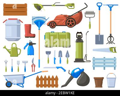 Équipement de jardin. Outils de jardinage agricole, tondeuse à gazon, pelle, équipement d'arrosage et râteau. Jeu d'illustrations vectorielles pour instruments de jardinage Illustration de Vecteur
