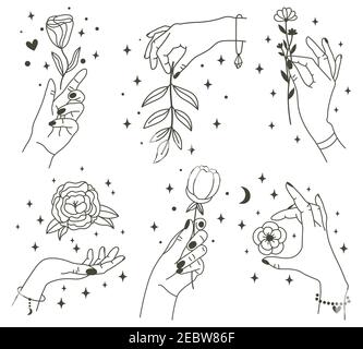 Fleurs entre des mains magiques. Mains tendance de style minimaliste linéaire tenant de belles fleurs. Tatouages minimalistes ou illustration vectorielle de design de studio de beauté Illustration de Vecteur