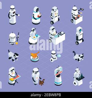 Accueil robots collection aider et remplacer des personnes dans différentes activités dans une illustration vectorielle isolée de style isométrique Illustration de Vecteur