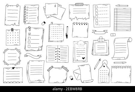 Notes de papier de caniche dessinées à la main. Carnet de croquis, liste, agenda et agenda, feuilles de papier de journal à puces. Jeu d'illustrations vectorielles de notes Doodle Illustration de Vecteur