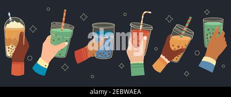 Tasses à thé moussant dans les mains. Thé au boba sucré, tasse de thé à bulles tenant main, boisson populaire taïwanaise. Jeu d'illustrations vectorielles à bulles de thé pour les mains Illustration de Vecteur