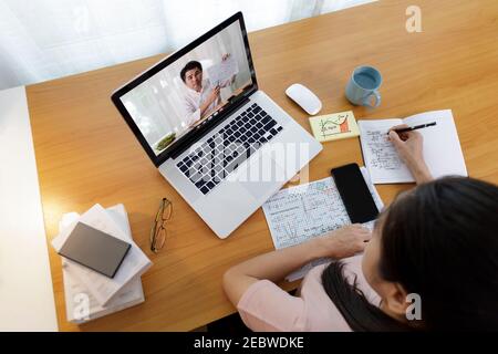 Vue en grand angle de la visioconférence avec un professeur sur un ordinateur portable à la maison. Vue de dessus des femmes d'affaires utilisant un ordinateur portable pour les réunions avec des collègues. Covid-19 travail de ho Banque D'Images