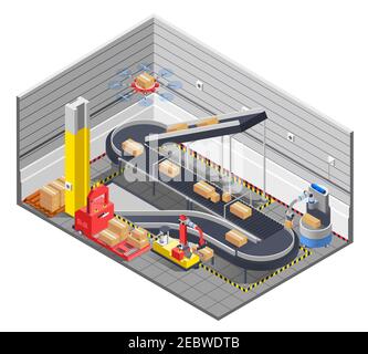 Section automatique d'entrepôt robotique intérieur isométrique avec élévateur de bande de convoyeur illustration vectorielle des images et des boîtes de déplacement du manipulateur électrique Illustration de Vecteur