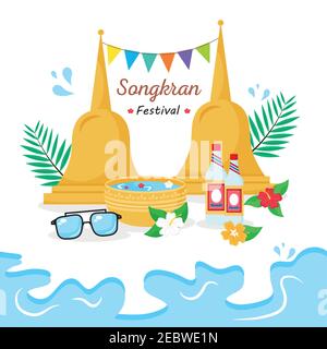 joyeux festival songkran avec guirlandes et cloches dorées Illustration de Vecteur