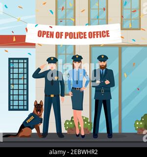 Personnages plats de policiers avec un chien de police devant bureau avec décorations de fête et illustration des confettis vectoriels Illustration de Vecteur