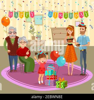 Petite fille anniversaire fête familiale avec parents grands-parents et simple maison décorations dessin animé ancien style illustration vectorielle Illustration de Vecteur