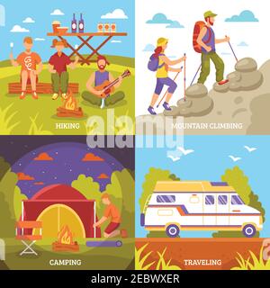 Camping randonnée concept avec quatre compositions d'extérieur carré motorhome tente feu de camp et personnage sans visage illustration vectorielle Illustration de Vecteur