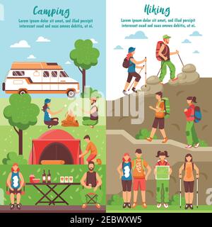 Banderoles verticales de randonnée de camping avec texte et compositions modifiables de personnages de personnes dans l'illustration vectorielle d'environnement extérieur Illustration de Vecteur