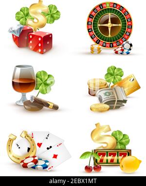 Symboles de la chance du Casino et attributs des jeux 6 icônes ensemble avec roulette roulette as jetons de poker isolé illustration vectorielle Illustration de Vecteur