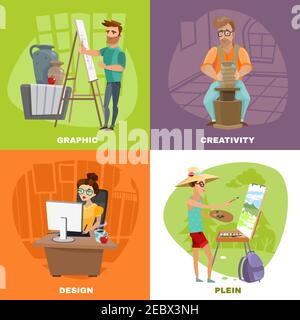 Concept de travail créateur artiste 2 icônes d'arrière-plan colorées carré avec une illustration vectorielle isolée de peintre paysagiste et de sculpteur Illustration de Vecteur