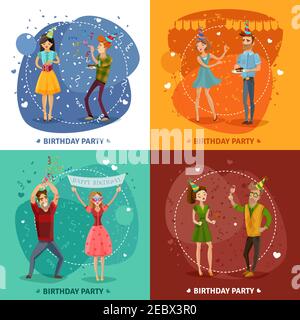 Fête d'anniversaire 4 icônes de fête avec des couples heureux de célébrer illustration vectorielle isolée sur fond coloré Illustration de Vecteur