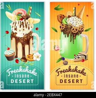 Dessert de freakshake extrême 2 bannières publicitaires verticales de café avec milkshake illustration vectorielle isolée avec gâteau au chocolat crème Illustration de Vecteur