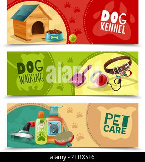 PET Care 3 drôle coloré bannières horizontales petsshop publicité signets collection avec illustration de vecteur isolé de chenil Illustration de Vecteur