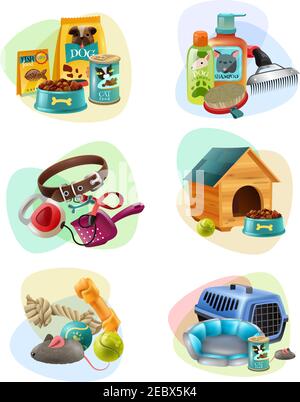 Concept de service de soin d'animaux de compagnie abordable 6 coloré icônes collection avec nourriture sèche pour chiens et gâteries illustration vectorielle isolée Illustration de Vecteur