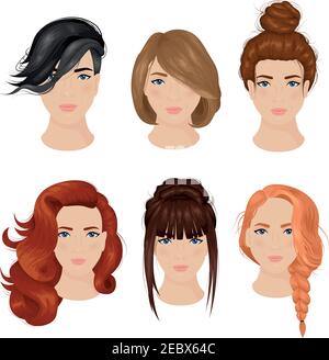 Facile mignonne idées pour cheveux longs collection 6 icônes avec illustration vectorielle isolée bun et tresse Illustration de Vecteur