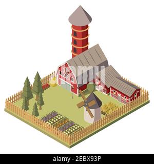 Ferme de conception isométrique avec grange rouge et moulin à vent de silo illustration vectorielle des lits de jardin et des arbres Illustration de Vecteur