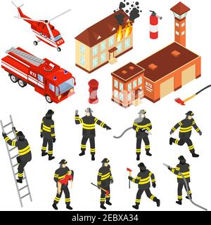 Icône isométrique colorée du service des incendies avec attributs à éteindre illustration d'un vecteur incendie et pompiers Illustration de Vecteur