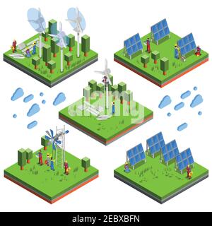 Kit de compositions de paysage isométriques carrées avec des électriciens assemblant des batteries solaires machines à vent et vecteur de sources d'énergie écologiques Illustration de Vecteur