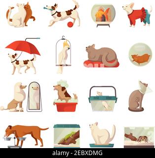 Animaux de compagnie icônes ensemble avec chats et chiens isolés à plat illustration vectorielle Illustration de Vecteur