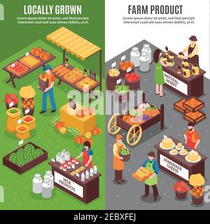 Bandeau vertical de marché avec compositions isométriques de funfair organique illustration vectorielle de la vente de produits agricoles naturels cultivés localement Illustration de Vecteur