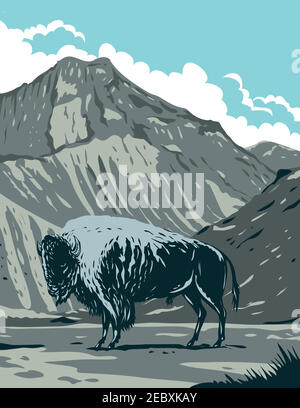 L'art de l'affiche WPA d'un bison américain avec Eagle Peak Mountain dans le parc national de Yellowstone, Wyoming, États-Unis d'Amérique fait en travaux projet adm Illustration de Vecteur