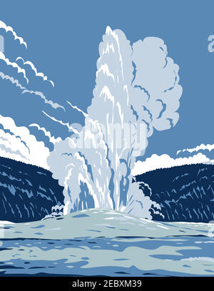 WPA affiche art de l'Old Faithful, un geyser de cône dans le parc national de Yellowstone dans le Wyoming, Etats-Unis d'Amérique fait en travaux projet administrati Illustration de Vecteur