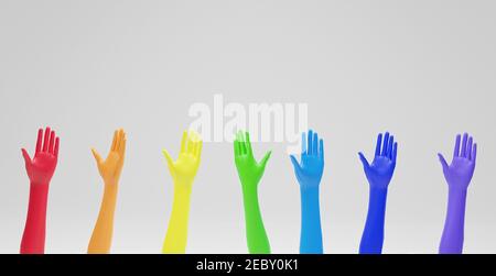 3D Rendered Diversity Hands Model avec des couleurs arc-en-ciel dans un fond de pièce vide Banque D'Images