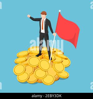 Plat 3d Isométrique homme d'affaires de maintien drapeau et debout sur la pile de pièce d'or. Réussite commerciale et concept financier. Illustration de Vecteur