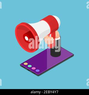 Haut-parleur 3D Isométrique plat ou mégaphone à portée de main sur votre smartphone. Concept d'annonce et de publicité. Illustration de Vecteur