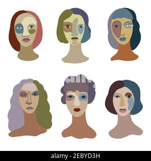 Ensemble de visages féminins abstraits. Portraits de style minimaliste. Illustration de Vecteur