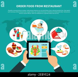 Concept infographique de restaurant avec mains humaines tenant tablette avec en ligne illustration vectorielle des applications de commande de nourriture et des bulles de pensée Illustration de Vecteur