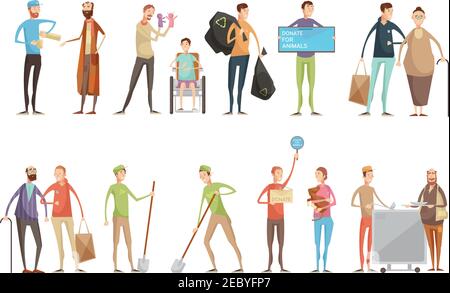Faire du bénévolat à des personnages plats avec de jeunes bénévoles aidant les animaux illustration vectorielle des personnes âgées et handicapées plantant des arbres Illustration de Vecteur