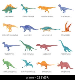 Ensemble d'icônes isolées colorées de différents types de dinosaures dans style de dessin animé avec nom de classe ou type de vecteur plat illustration Illustration de Vecteur