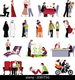 Couples des personnes de différents âges et nationalités passent du temps ensemble dans divers endroits plat sur fond blanc vecteur isolé illustration Illustration de Vecteur