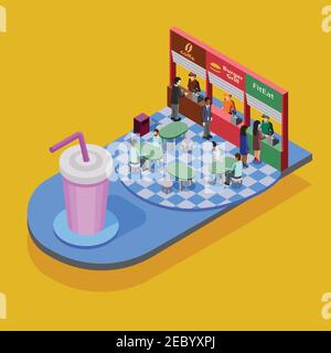 Concept isométrique de restauration rapide avec grand verre et les gens mangeant dans un restaurant de restauration rapide sur fond jaune illustration vectorielle Illustration de Vecteur