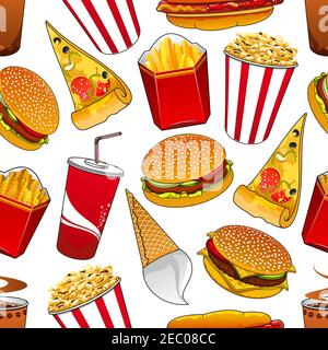 Motif de restauration rapide sans couture avec hamburgers, fines tranches de pizza, cheeseburgers, pop-corn croustillant dans des seaux à rayures, tasses en papier de soda et café Illustration de Vecteur