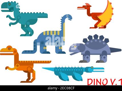 Dinosaures préhistoriques colorés avec carnivores et herbivores tyrannosaur rex, brontosaurus, stegosaurus, pterodactyl, velociraptor et animosaure Illustration de Vecteur